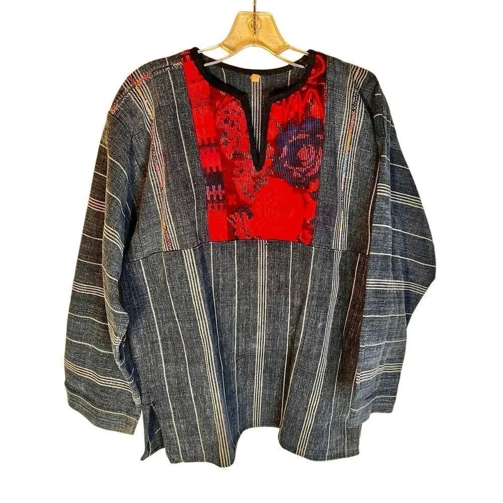 Vintage Chenille Embroidered Denim Pullover Top Shirt Size Large